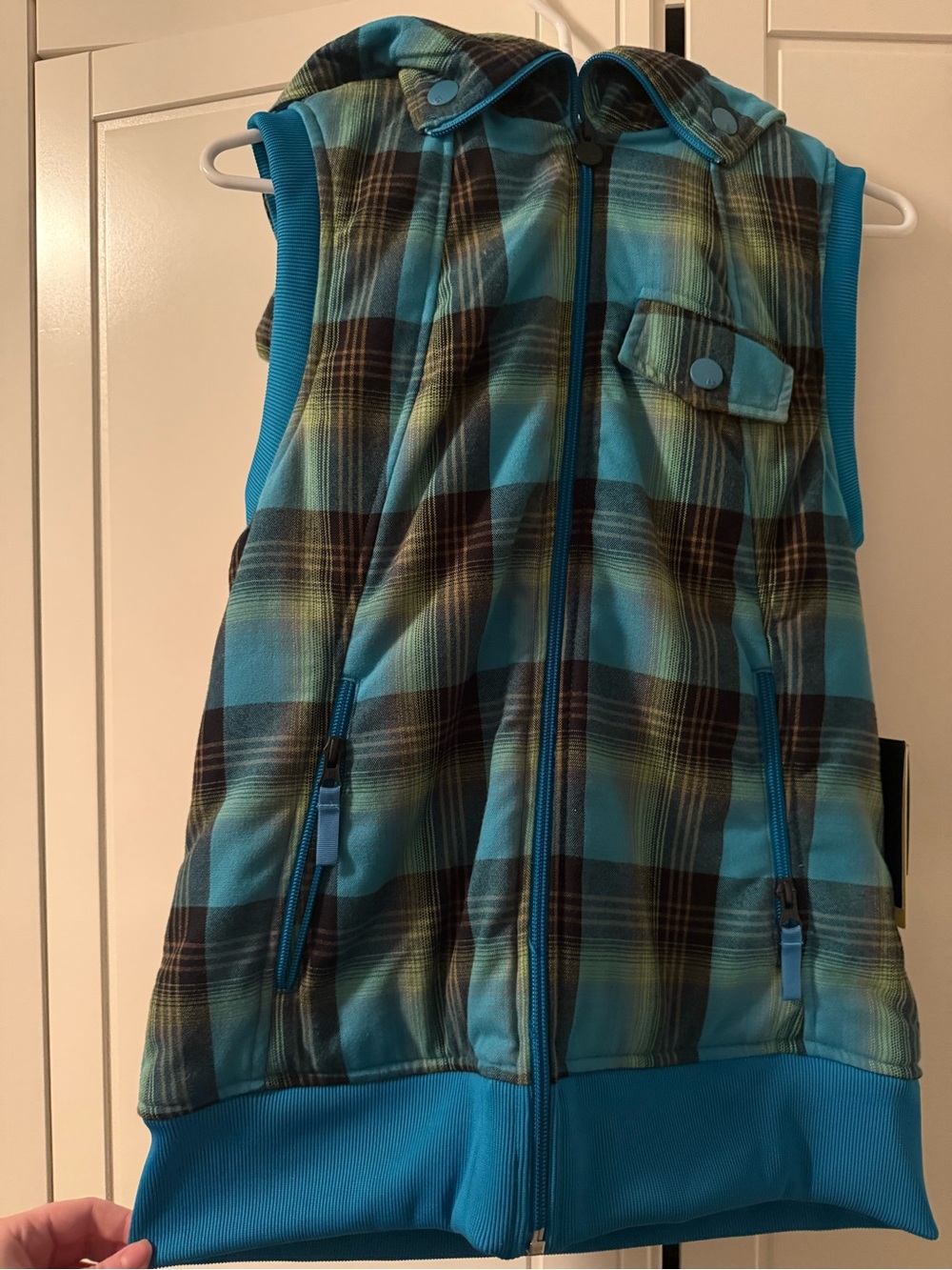 Burton Teal and Black Plaid Hooded Vest